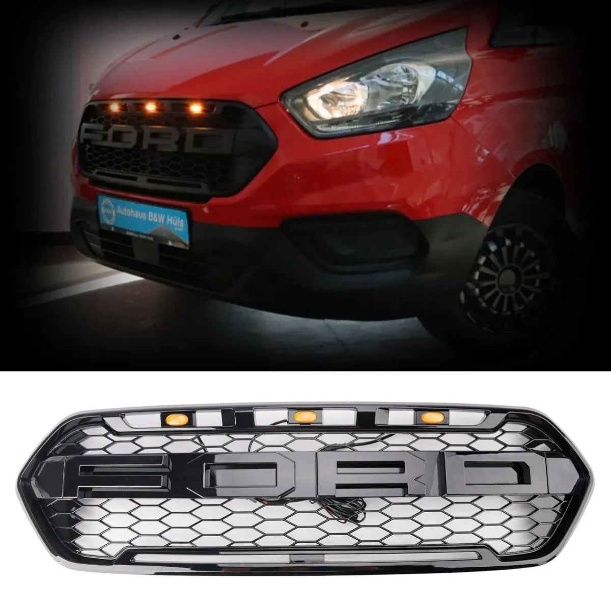 Calandre Avant Noire Brillant 3 LED pour Ford Transit Custom 2018-2023 - Style Raptor - Remplacement Direct