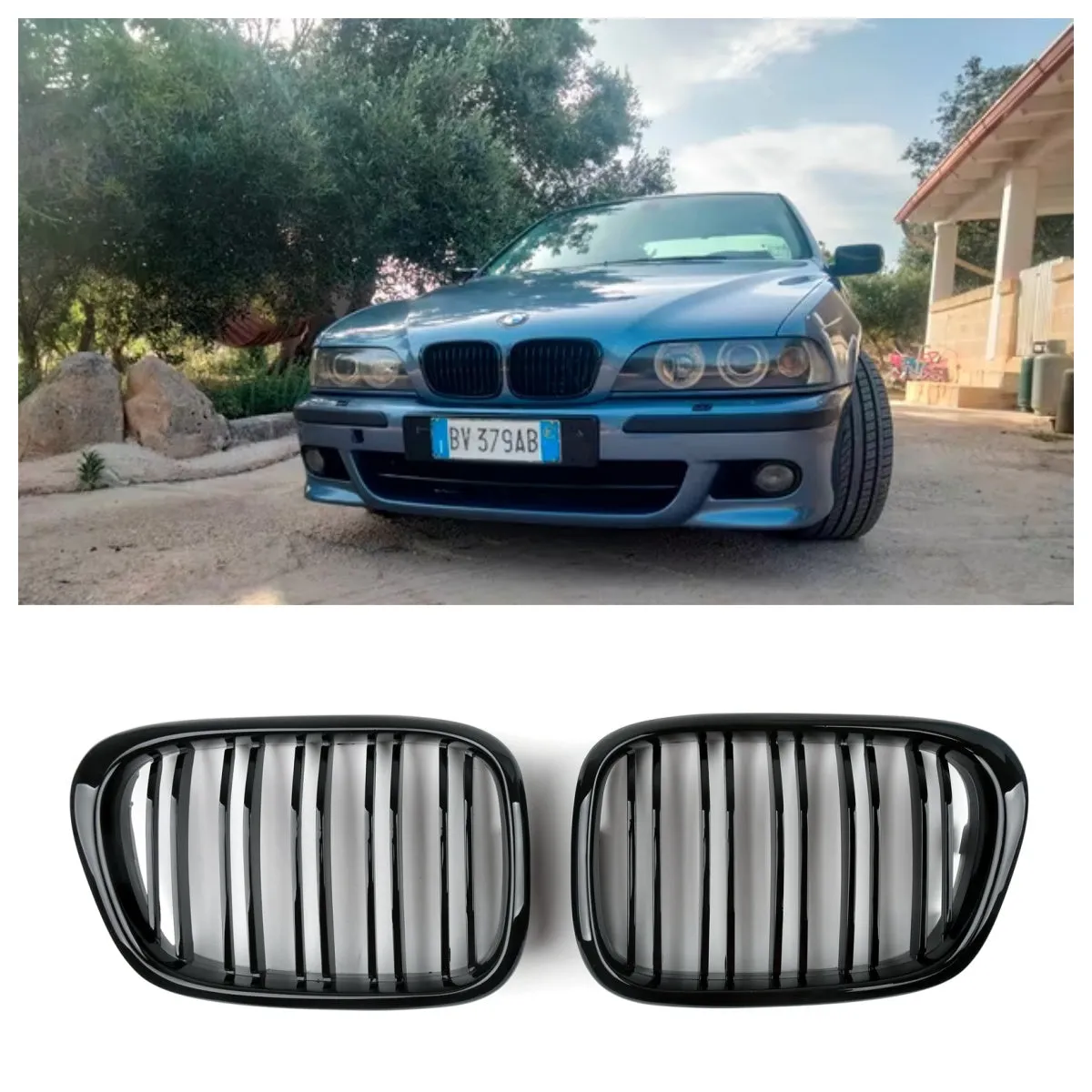 Grille de calandre avant noir brillant double nervure pour BMW Série 5 E39 2001 2002 2003 2004 Générique (Copy)