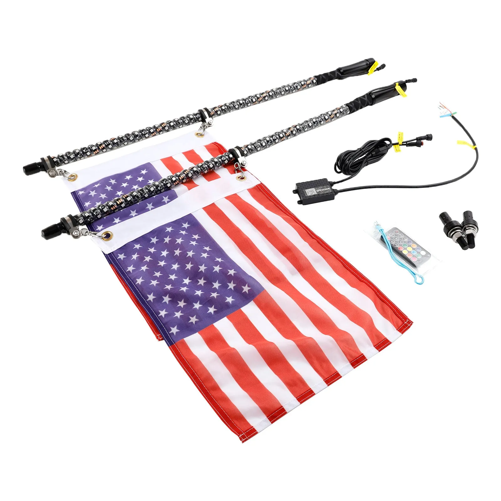 2X 3ft RGB LED Fouet Lumières Antenne W/Drapeau Télécommande Pour Polaris RZR UTV ATV