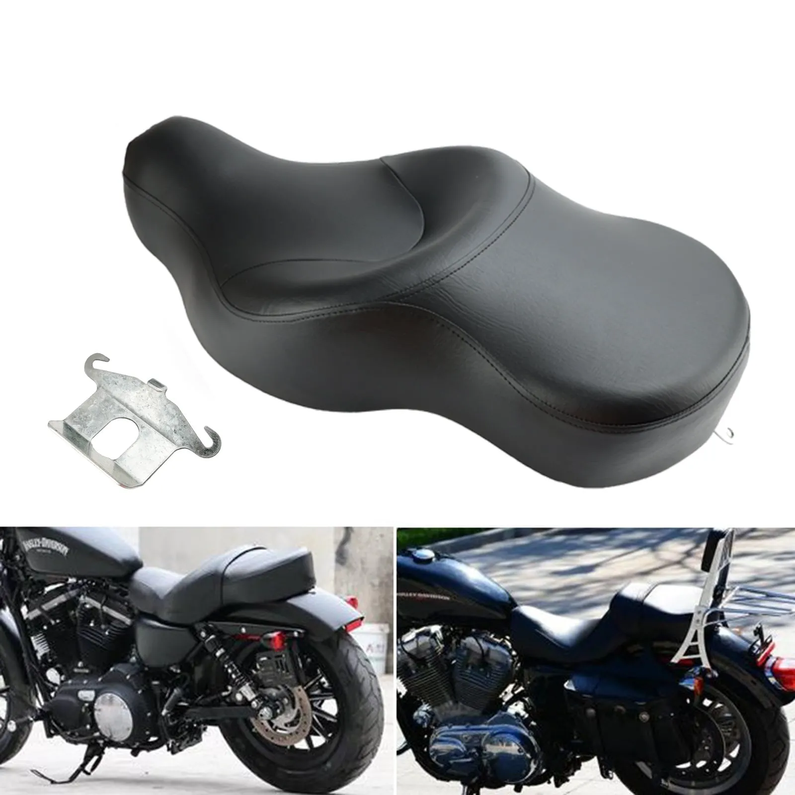 Siège Deux-En-Un Conducteur et Passager Noir pour Harley Sportster 883 1200 (2004-2017) - XL1200N, XL1200X, XL883N, Modèles Forty-eight, Iron 883